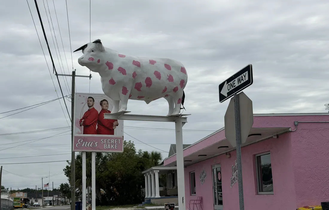Local de Tampa: edificio rosado con la vaca de lunares y el cartel de Ena&rsquo;s Secret Bake sobre la calle