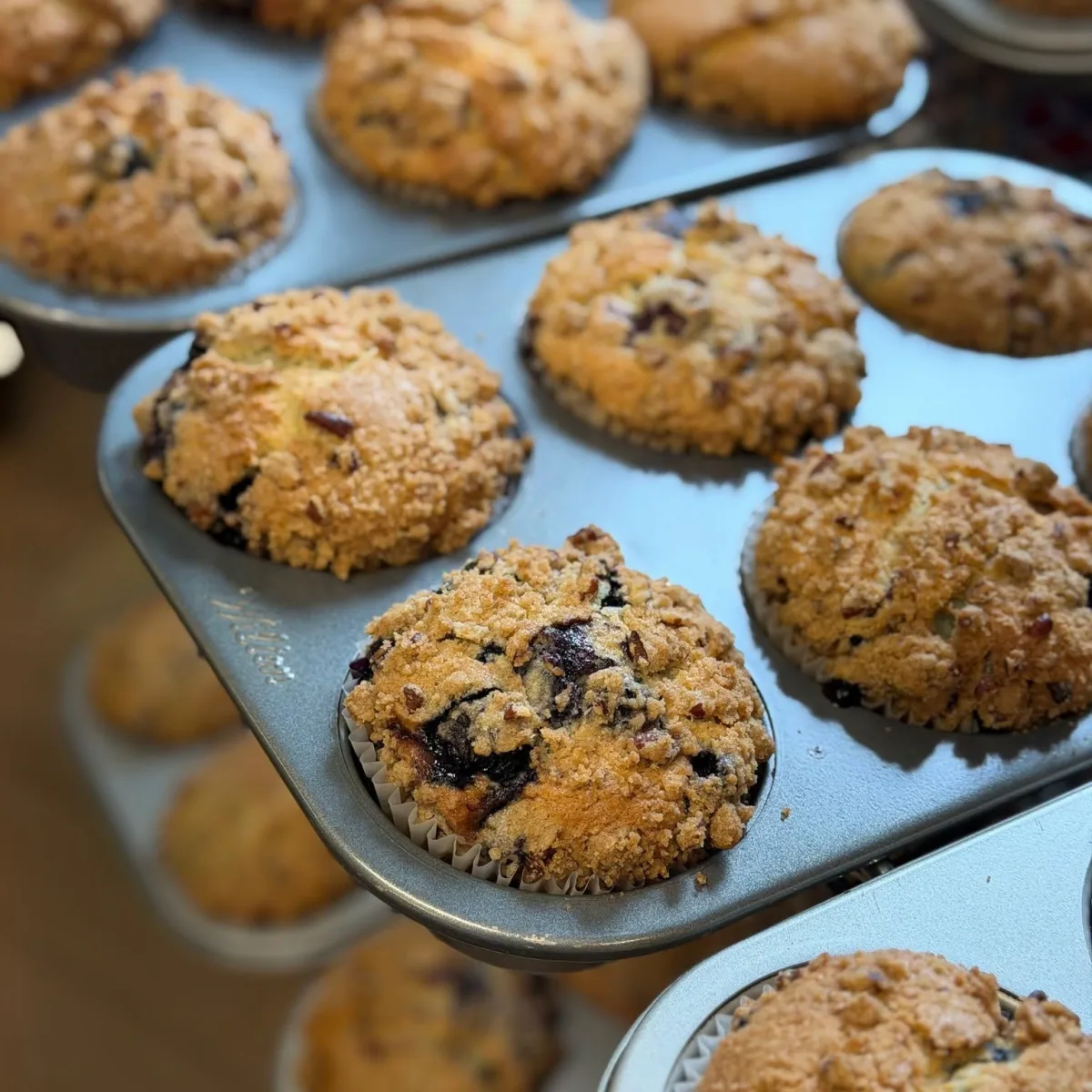 Blueberry muffins cooling in a baking tin