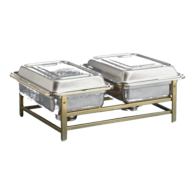 Two stainless steel chafing dishes with gold trim on gold stands