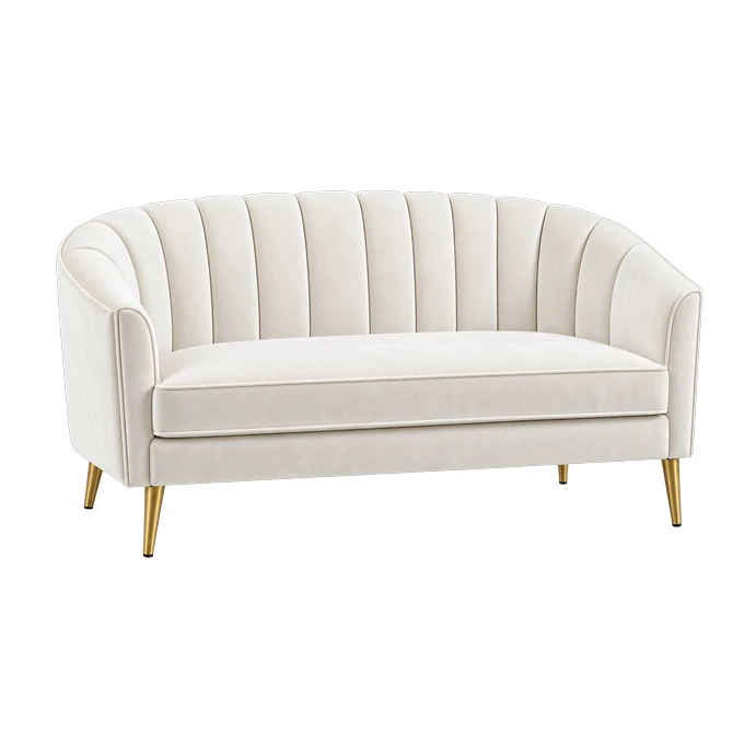 Cream velvet loveseat with channel-tufted back and gold legs