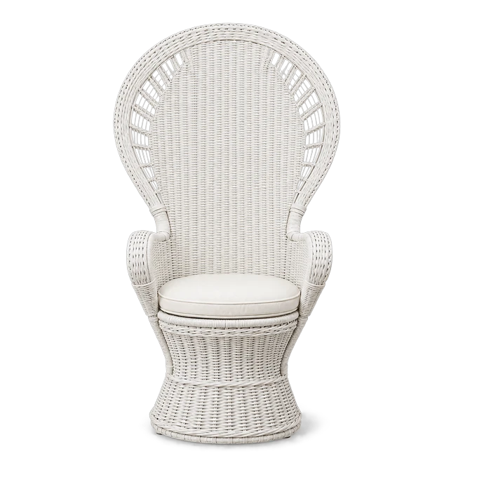 Tall white wicker peacock throne chair with a cream cushion
