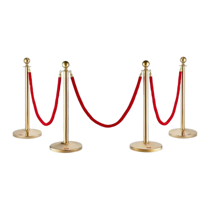 Gold stanchion posts joined by red velvet rope