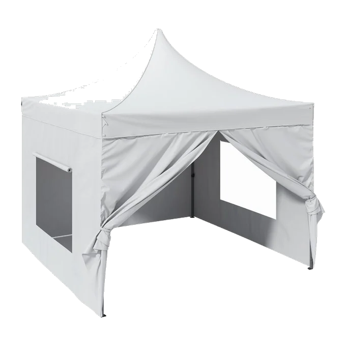 White pop-up canopy tent with zip side walls