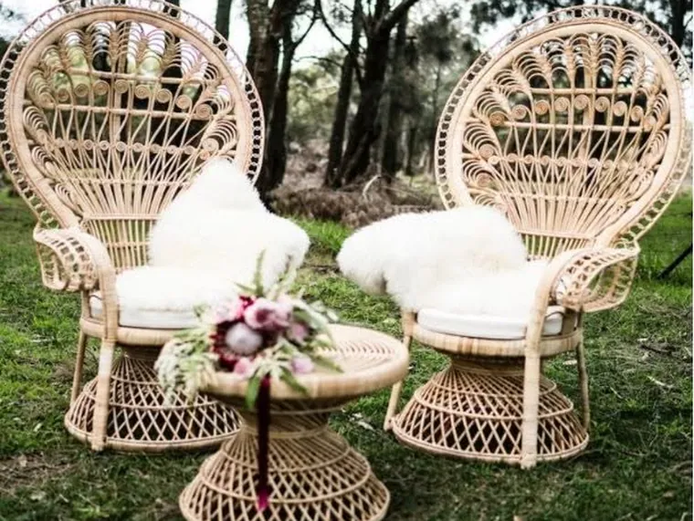 Two rattan peacock chairs with a small table on a lawn