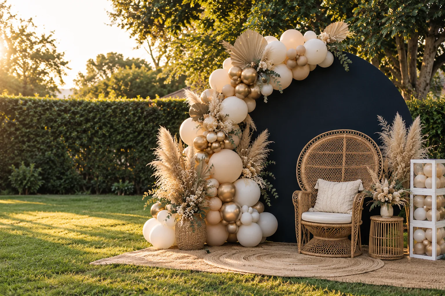 Backyard baby shower setup: cream and gold balloon garland with pampas grass on a round navy backdrop, a rattan peacock chair and clear balloon boxes