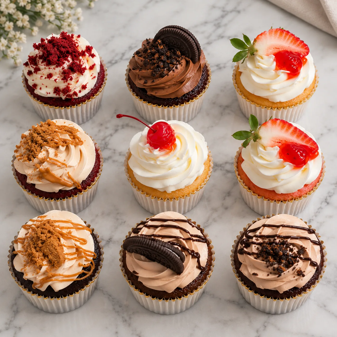 Nine cupcakes with red velvet, chocolate, strawberry and biscoff toppings