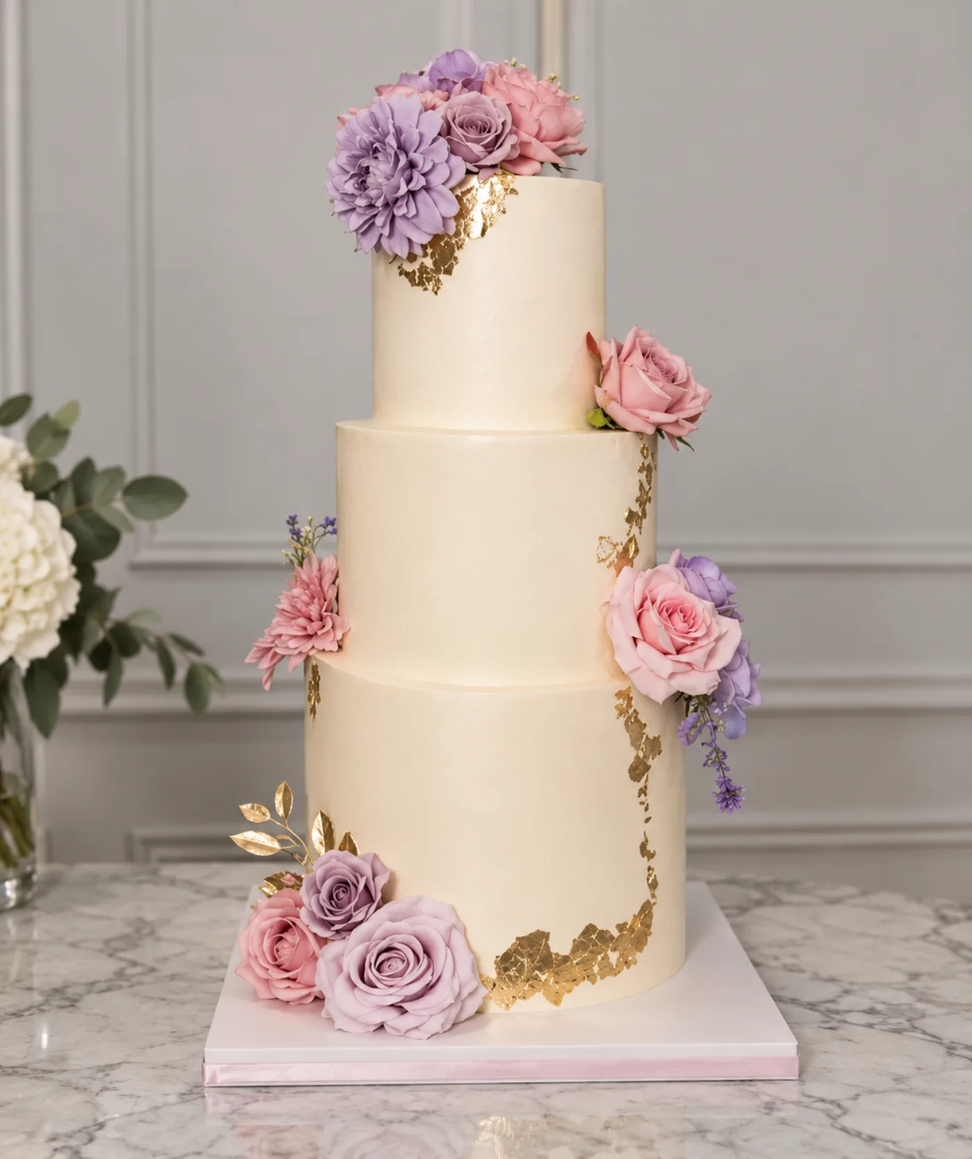 Three tier ivory cake with pink and lavender roses