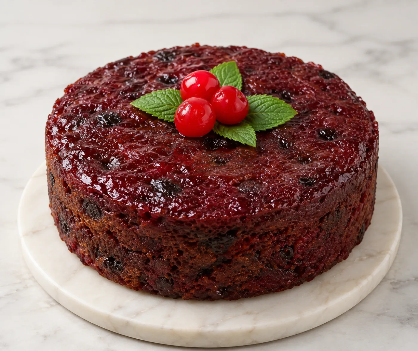 Jamaican sorrel fruit cake topped with cherries and mint