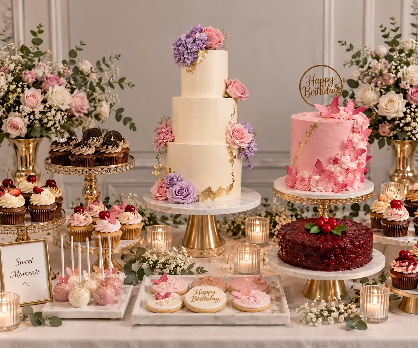 Dessert table with a three tier cream cake, a pink butterfly cake, cupcakes, cake pops and cookies