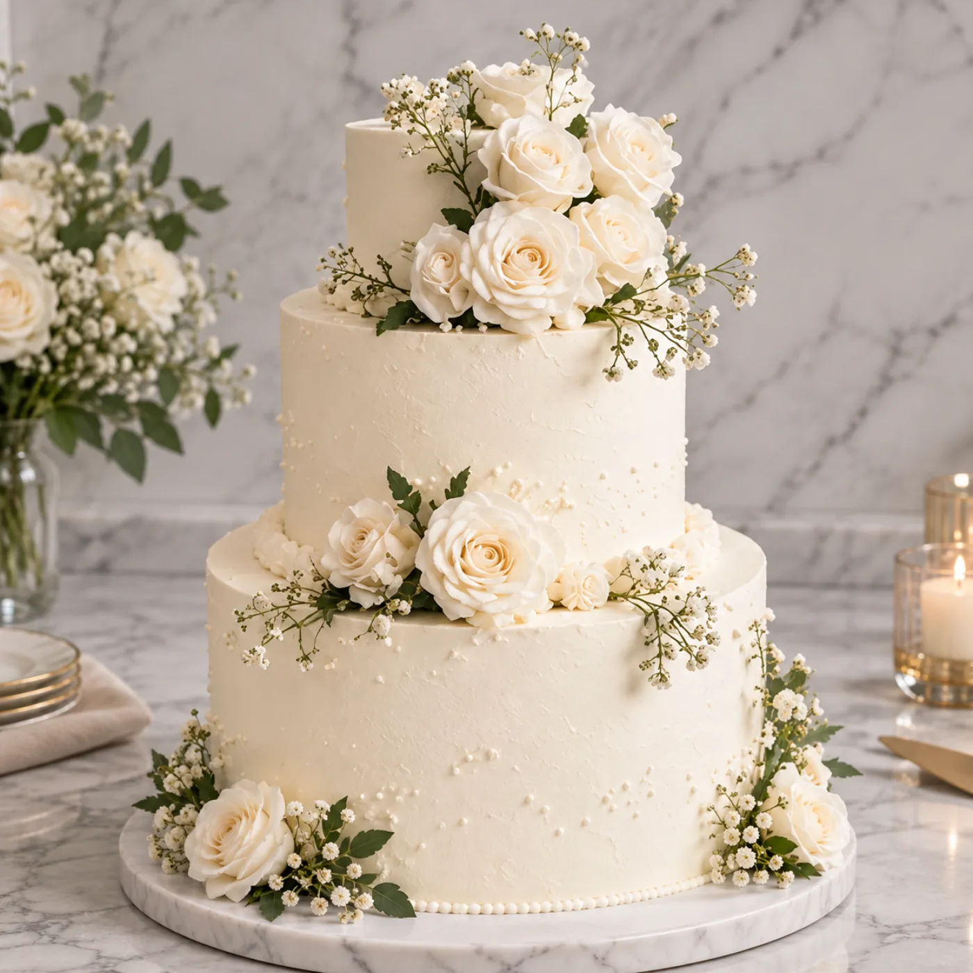 Three tier white wedding cake with white roses and baby's breath