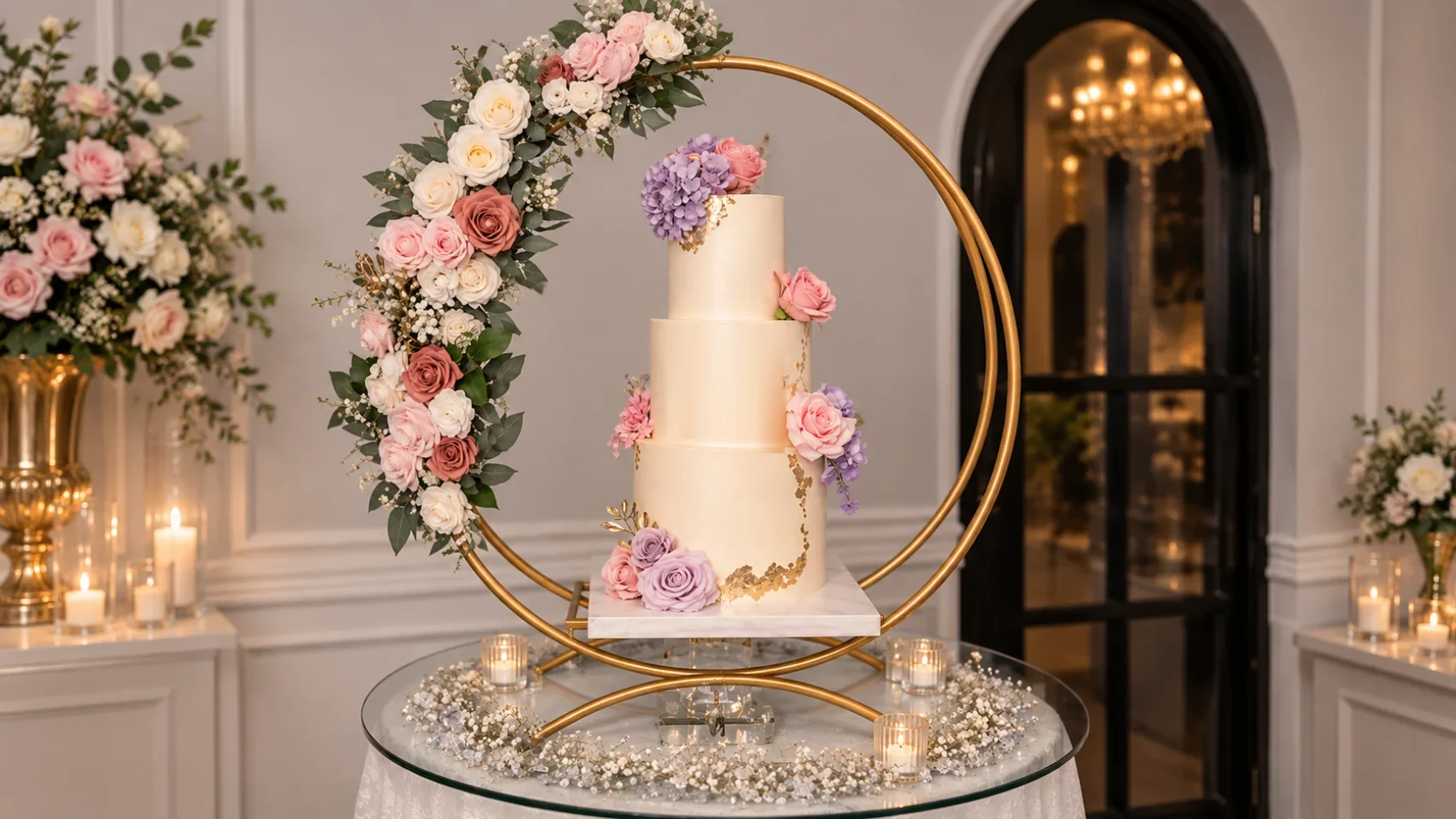 Three tier ivory wedding cake with roses and greenery inside a gold hoop stand