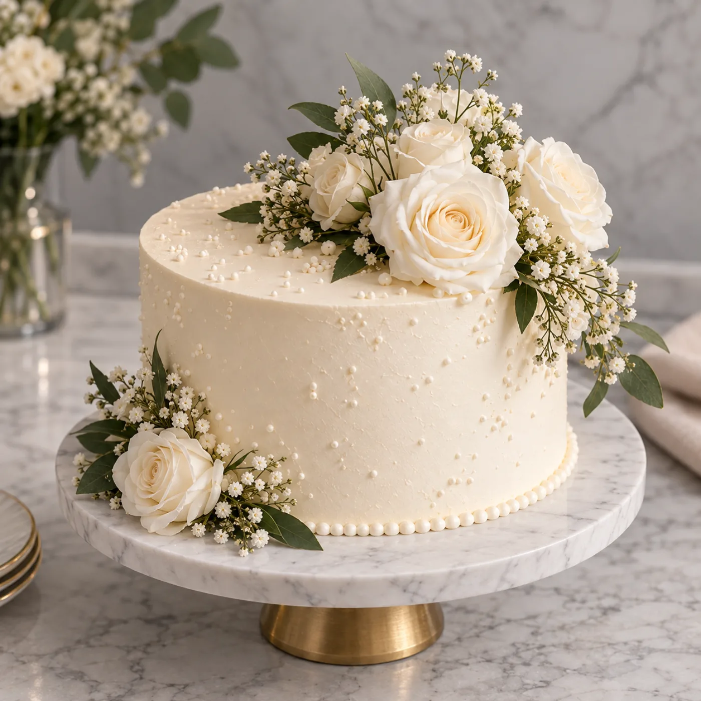 Single tier ivory cake with white roses and baby's breath on a gold stand